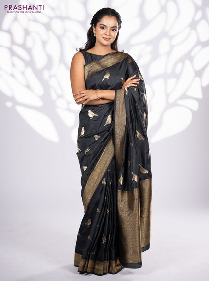 Banarasi semi katan saree black with zari woven bird buttas and zari woven border