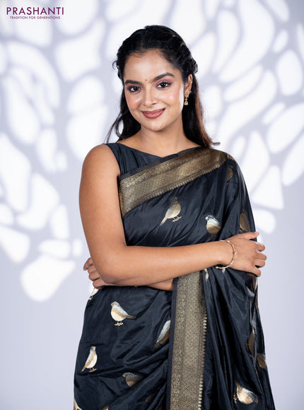 Banarasi semi katan saree black with zari woven bird buttas and zari woven border