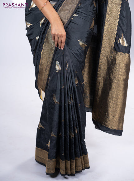 Banarasi semi katan saree black with zari woven bird buttas and zari woven border