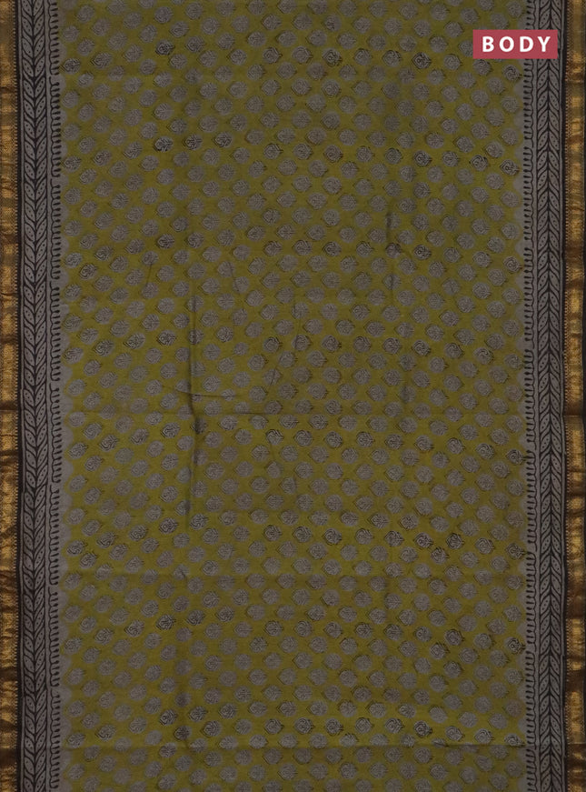 Chanderi bagru saree sap green and black with allover butta prints and maheshwari border