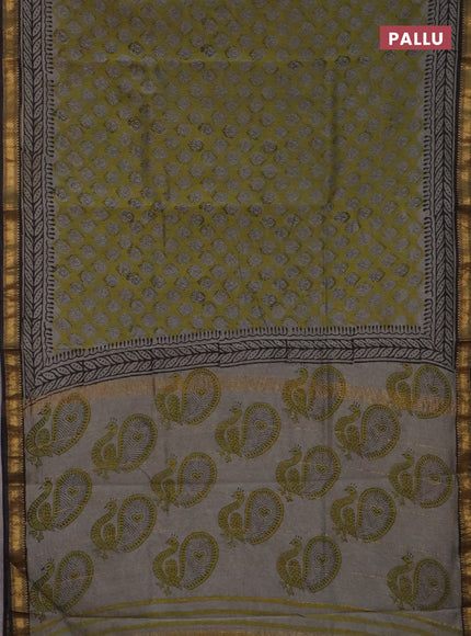 Chanderi bagru saree sap green and black with allover butta prints and maheshwari border