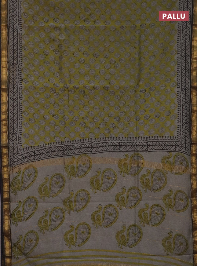 Chanderi bagru saree sap green and black with allover butta prints and maheshwari border