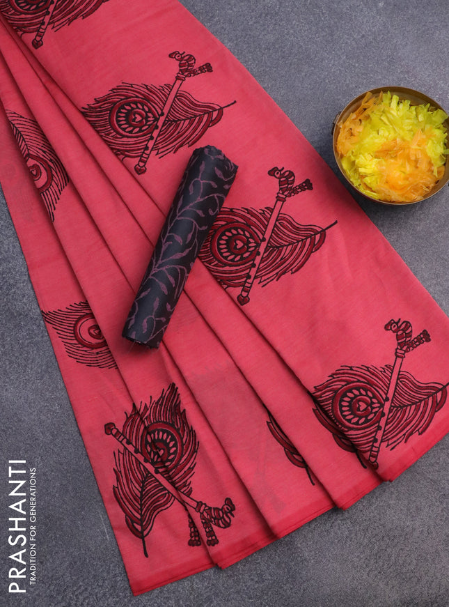 Poly cotton block printed saree reddish pink and grey with butta prints in borderless style