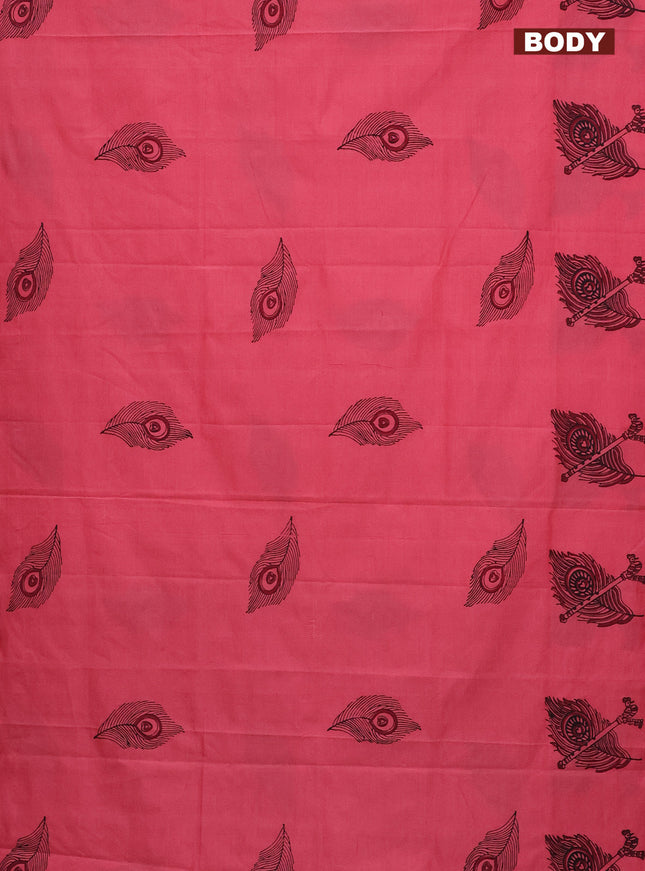 Poly cotton block printed saree reddish pink and grey with butta prints in borderless style