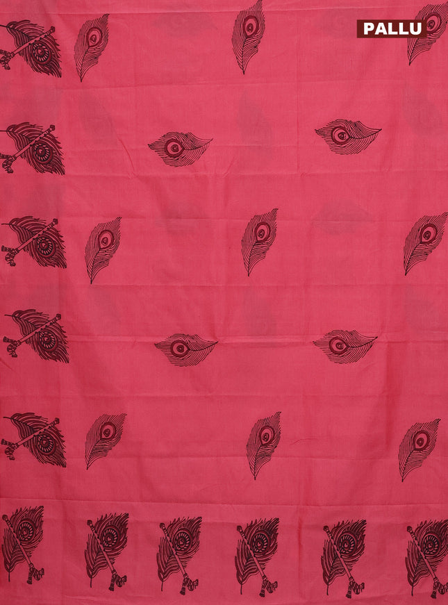 Poly cotton block printed saree reddish pink and grey with butta prints in borderless style