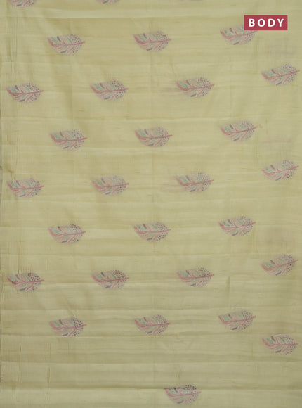 Semi tussar crush saree pista green with leaf embroidery work buttas in borderless style