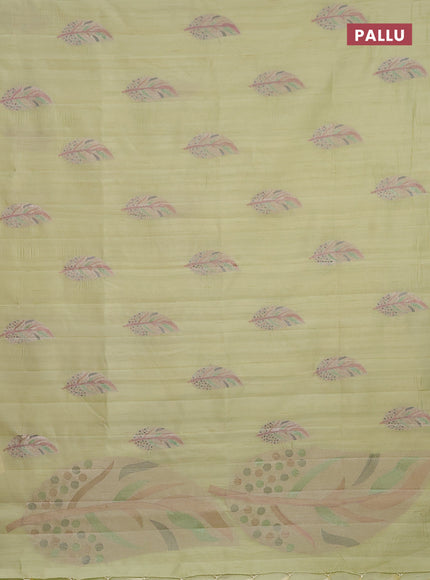 Semi tussar crush saree pista green with leaf embroidery work buttas in borderless style