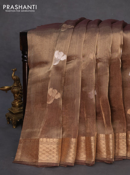Banarasi tissue organza silk saree dual shade of wine with silver & gold zari woven floral buttas and zari woven border