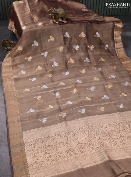 Banarasi tissue organza silk saree dual shade of wine with silver & gold zari woven floral buttas and zari woven border