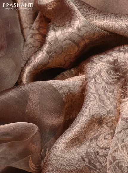 Banarasi tissue organza silk saree dual shade of wine with silver & gold zari woven floral buttas and zari woven border