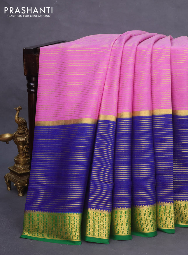 Pure mysore silk saree lavender and blue green with allover zari stripe weaves and long zari woven border
