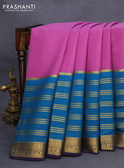 Pure mysore silk saree purple and peacock blue with plain body and long zari woven border