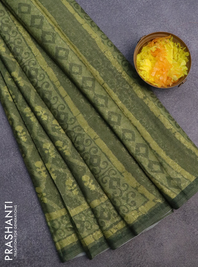 Semi crepe silk saree mehendi green and light green with self emboss & butta prints and printed border