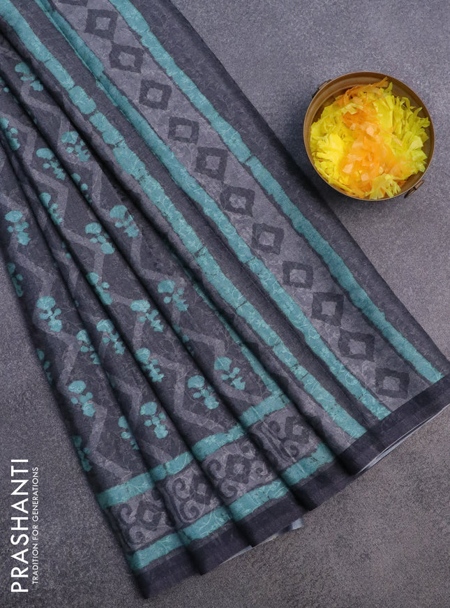 Semi crepe silk saree grey and teal blue with self emboss & butta prints and printed border