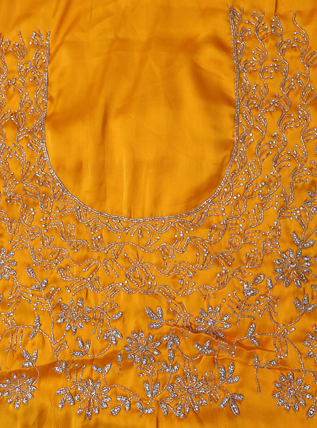 Satin crepe saree mango yellow with beaded work and zardosi work border