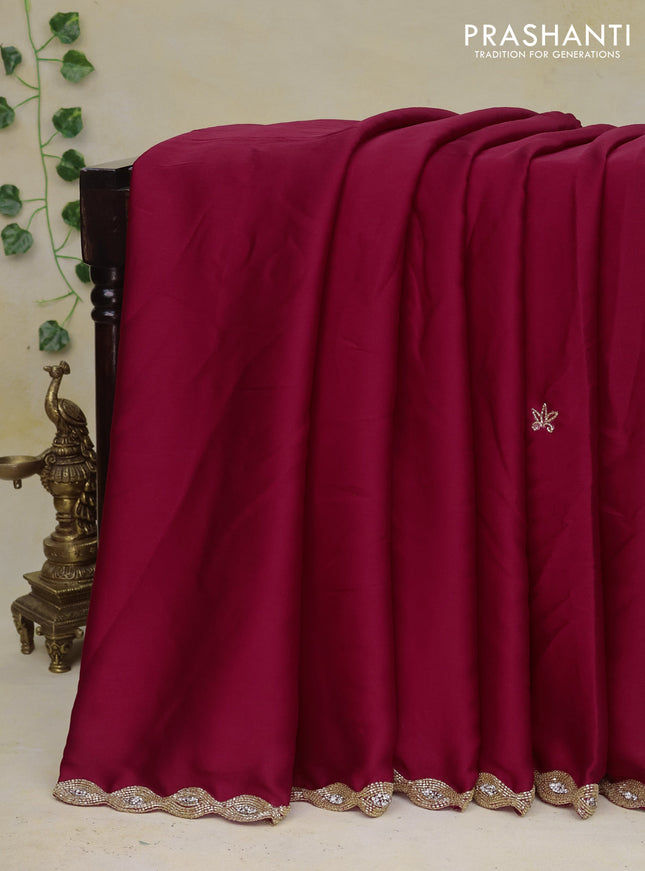 Satin crepe saree kumkum red with beaded work and zardosi work border