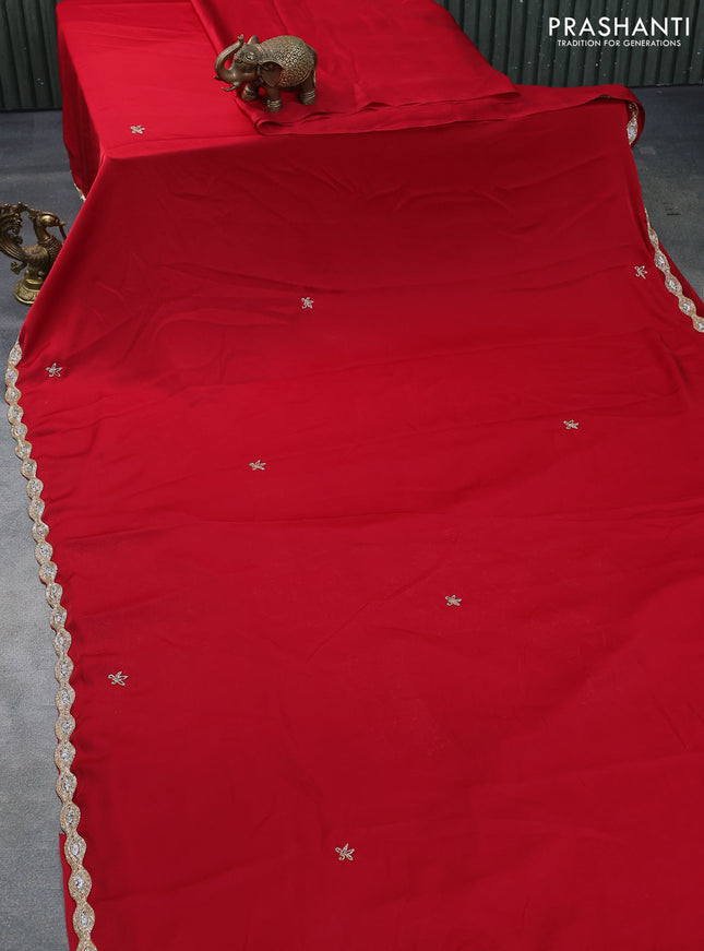 Satin crepe saree kumkum red with beaded work and zardosi work border