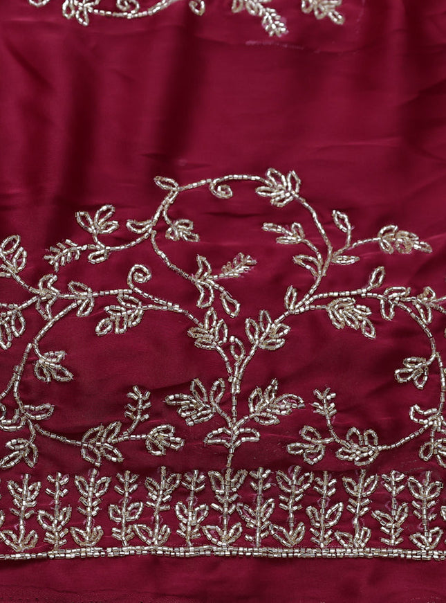 Satin crepe saree kumkum red with beaded work and zardosi work border