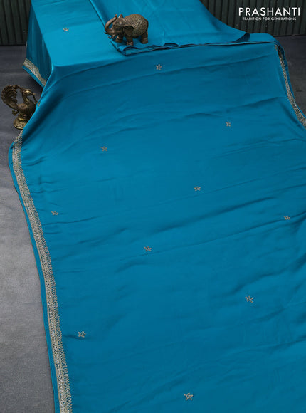 Satin crepe saree teal shade with beaded work and zardosi work border