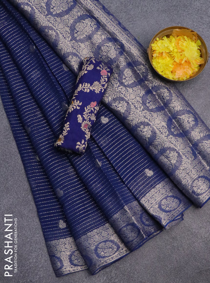 Chinon silk saree blue with allover zari weaves & buttas and zari woven border - banarasi brocade blouse