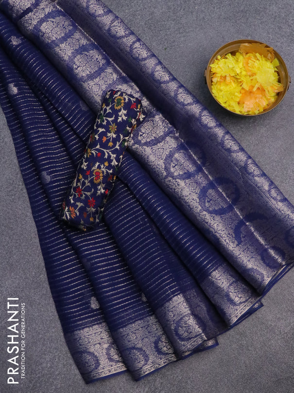 Chinon silk saree dark blue with allover zari weaves & buttas and zari woven border - banarasi brocade blouse