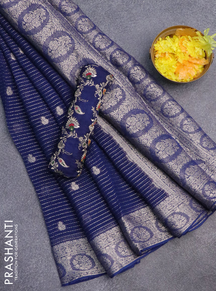 Chinon silk saree blue with allover zari weaves & buttas and zari woven border - banarasi brocade blouse
