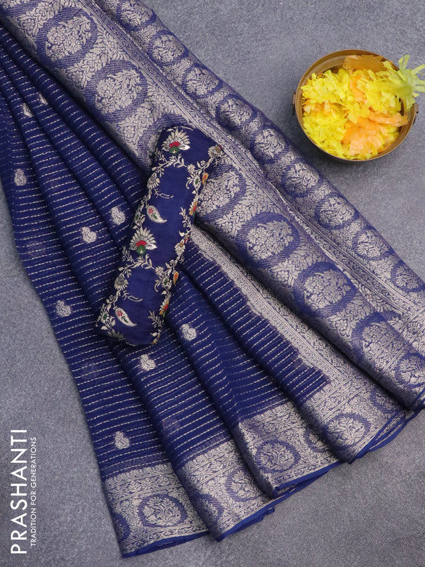Chinon silk saree blue with allover zari weaves & buttas and zari woven border - banarasi brocade blouse