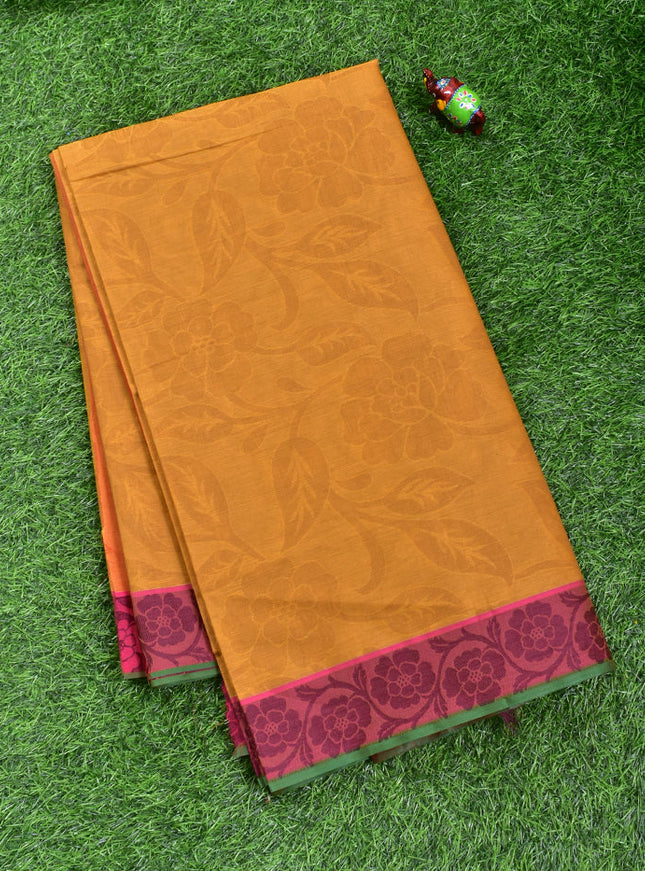 Coimbatore Cotton Mustard Yellow Emboss Saree with Thread Woven Border