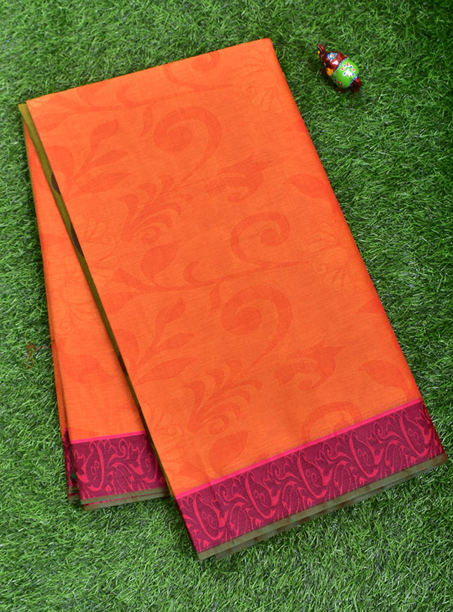 Coimbatore Cotton Orange Emboss Saree with Thread Woven Border