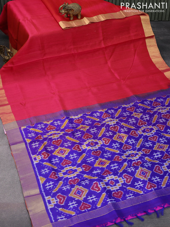 Pure raw silk saree reddish pink and blue with plain body and ikat woven pallu