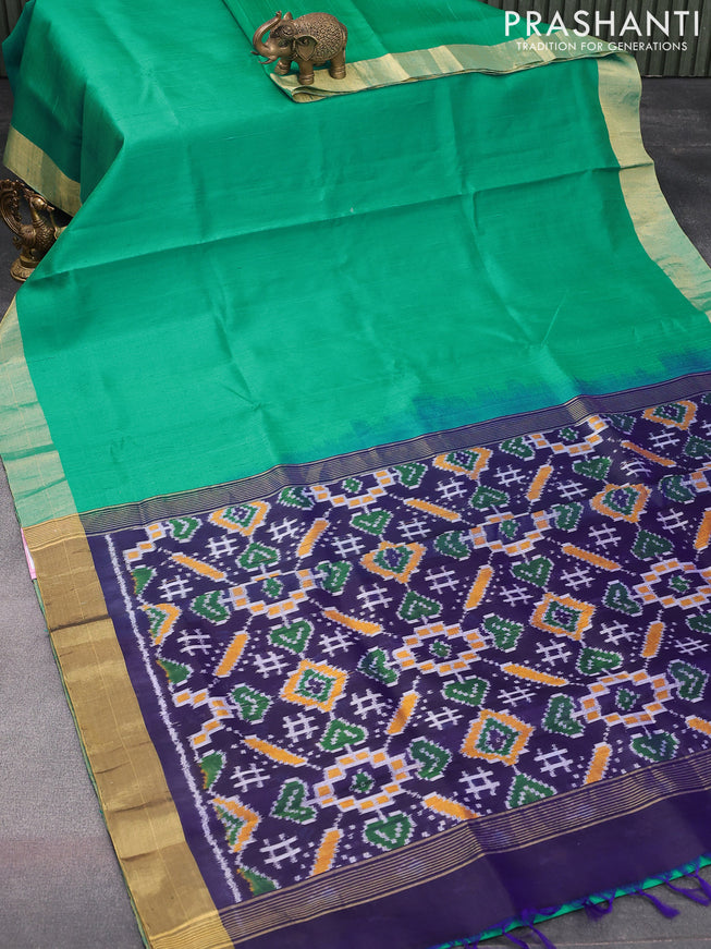 Pure raw silk saree teal blue and blue with plain body and ikat woven pallu