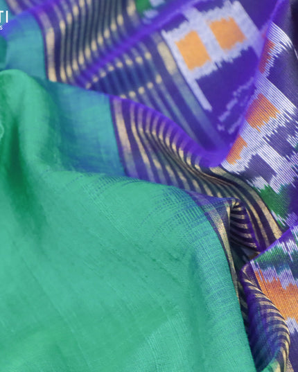 Pure raw silk saree teal blue and blue with plain body and ikat woven pallu