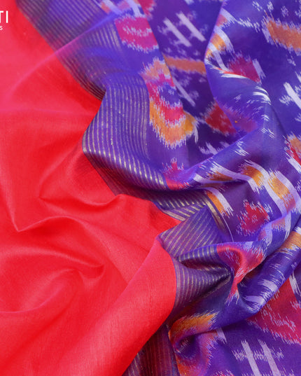 Pure raw silk saree pink and blue with plain body and ikat woven pallu
