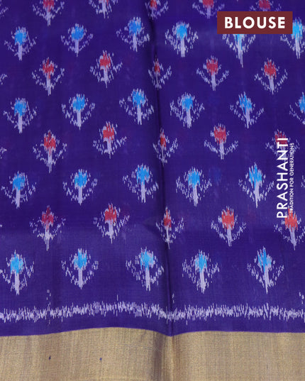 Pure raw silk saree pink and blue with plain body and ikat woven pallu