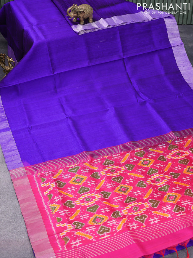 Pure raw silk saree blue and pink with plain body and ikat woven pallu