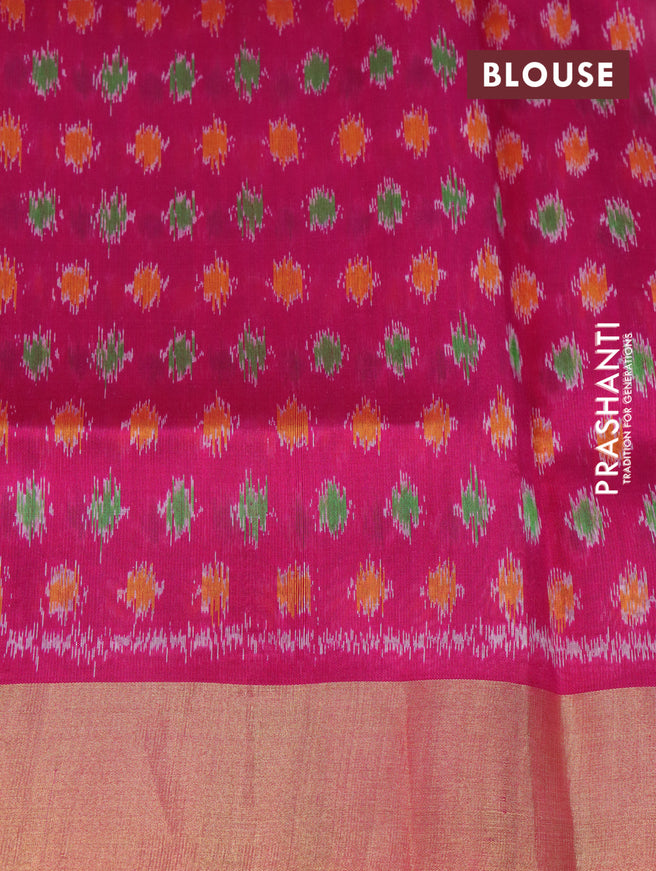 Pure raw silk saree beige and pink with plain body and ikat woven pallu
