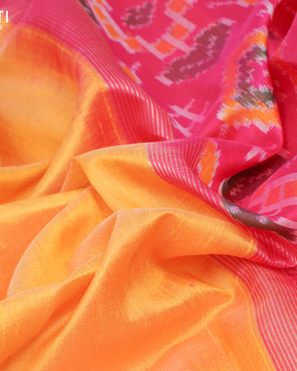 Pure raw silk saree mustard yellow and pink with plain body and ikat woven pallu