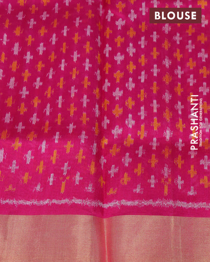 Pure raw silk saree mustard yellow and pink with plain body and ikat woven pallu