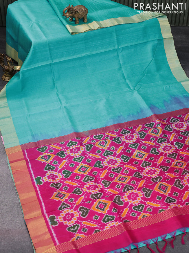Pure raw silk saree light blue and pink with plain body and ikat woven pallu
