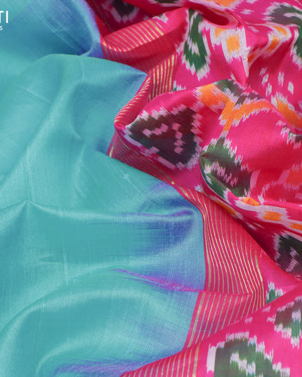 Pure raw silk saree light blue and pink with plain body and ikat woven pallu