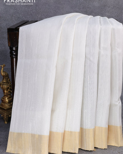 Pure raw silk saree off white and black with plain body and ikat woven pallu