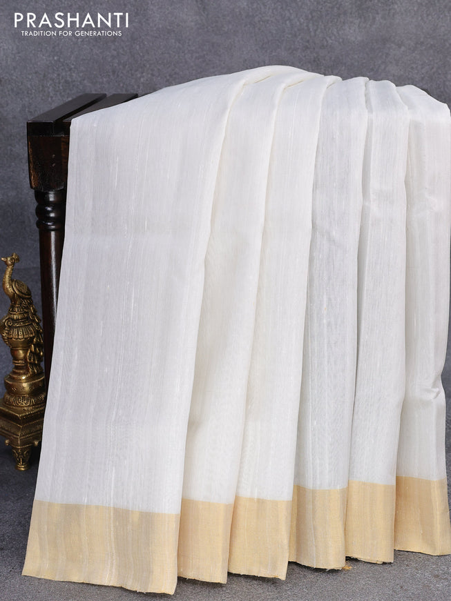 Pure raw silk saree off white and black with plain body and ikat woven pallu