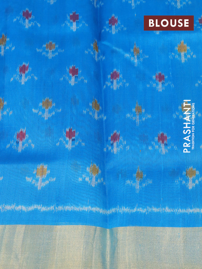 Pure raw silk saree grey and cs blue with plain body and ikat woven pallu