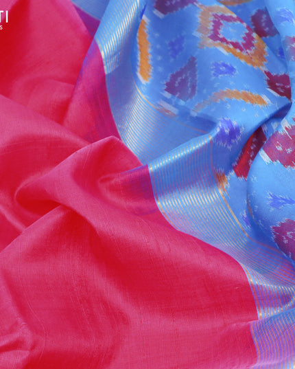 Pure raw silk saree pink and cs blue with plain body and ikat woven pallu