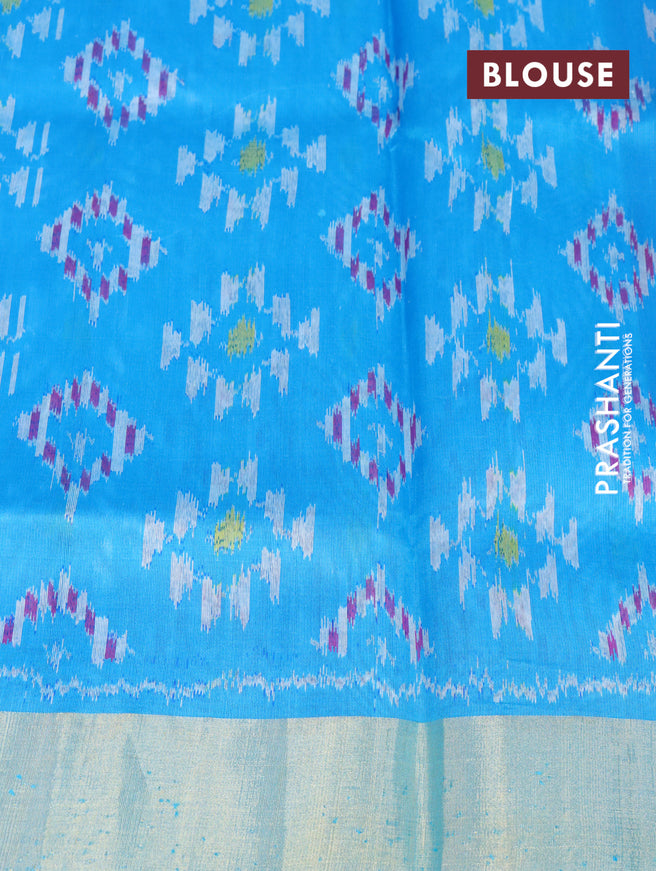 Pure raw silk saree pink and cs blue with plain body and ikat woven pallu