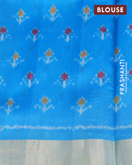 Pure raw silk saree grey and cs blue with plain body and ikat woven pallu