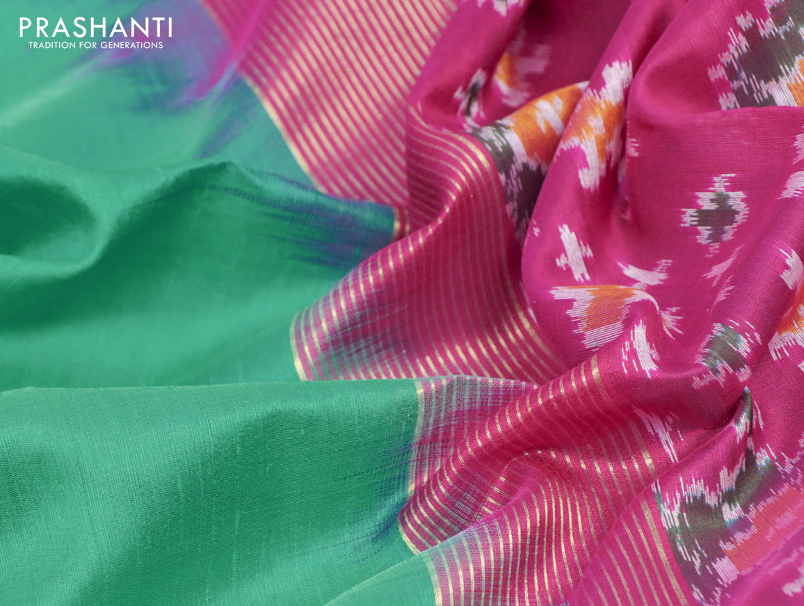 Pure raw silk saree teal blue and magenta pink with plain body and ikat woven pallu