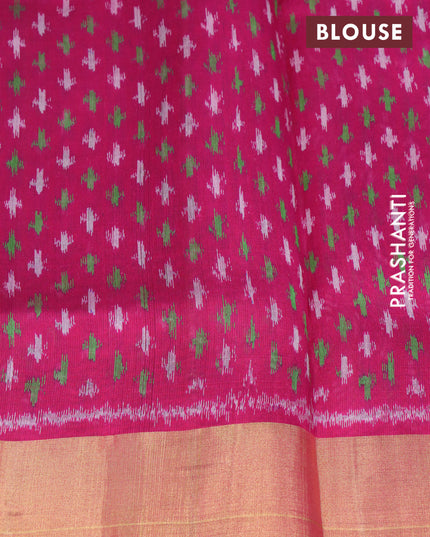 Pure raw silk saree teal blue and magenta pink with plain body and ikat woven pallu