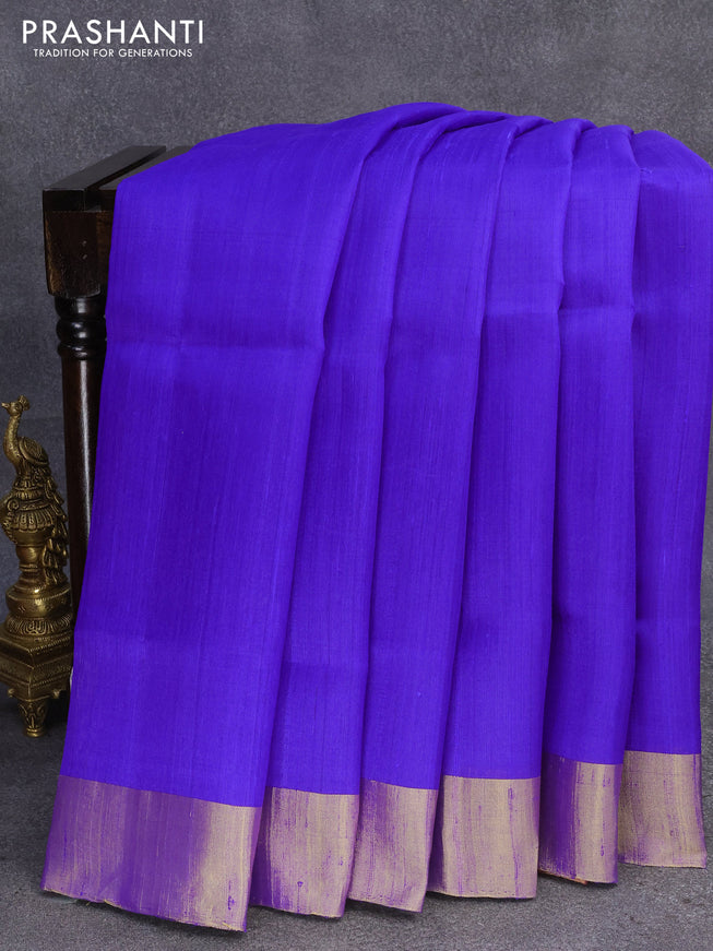 Pure raw silk saree blue and magenta pink with plain body and ikat woven pallu