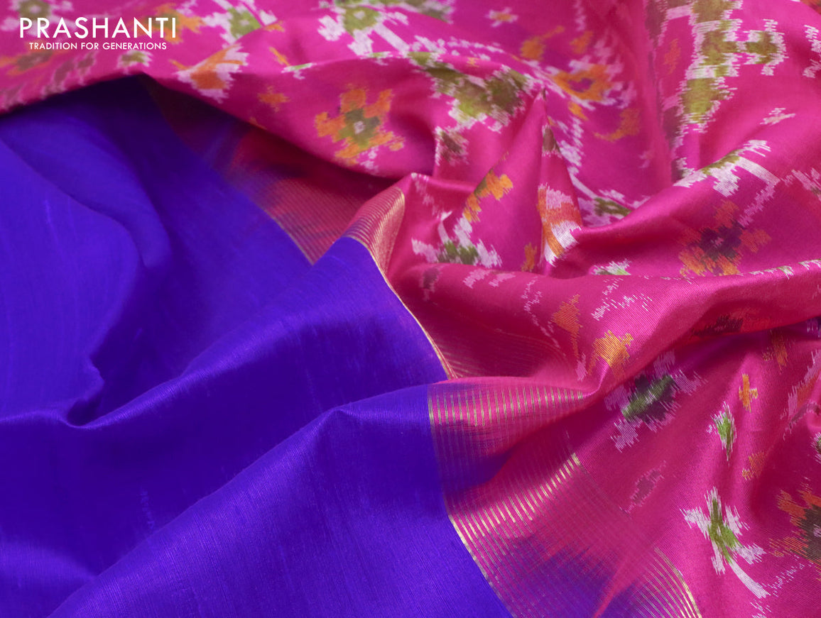 Pure raw silk saree blue and magenta pink with plain body and ikat woven pallu